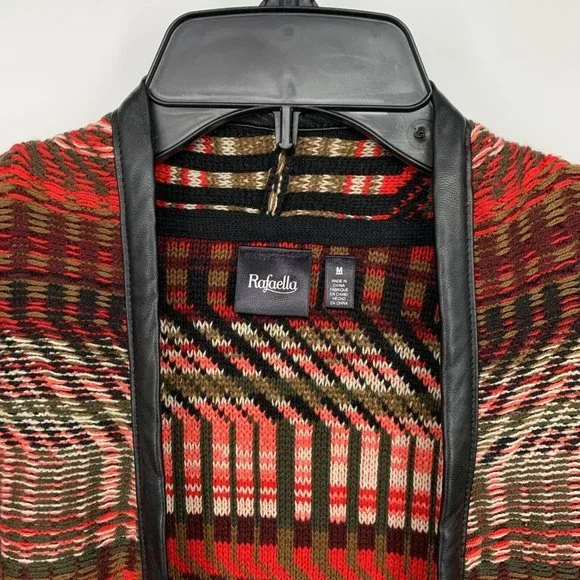 Rafaella Cardigan Red Black Faux Leather Trim Open Front - Picture 4 of 10